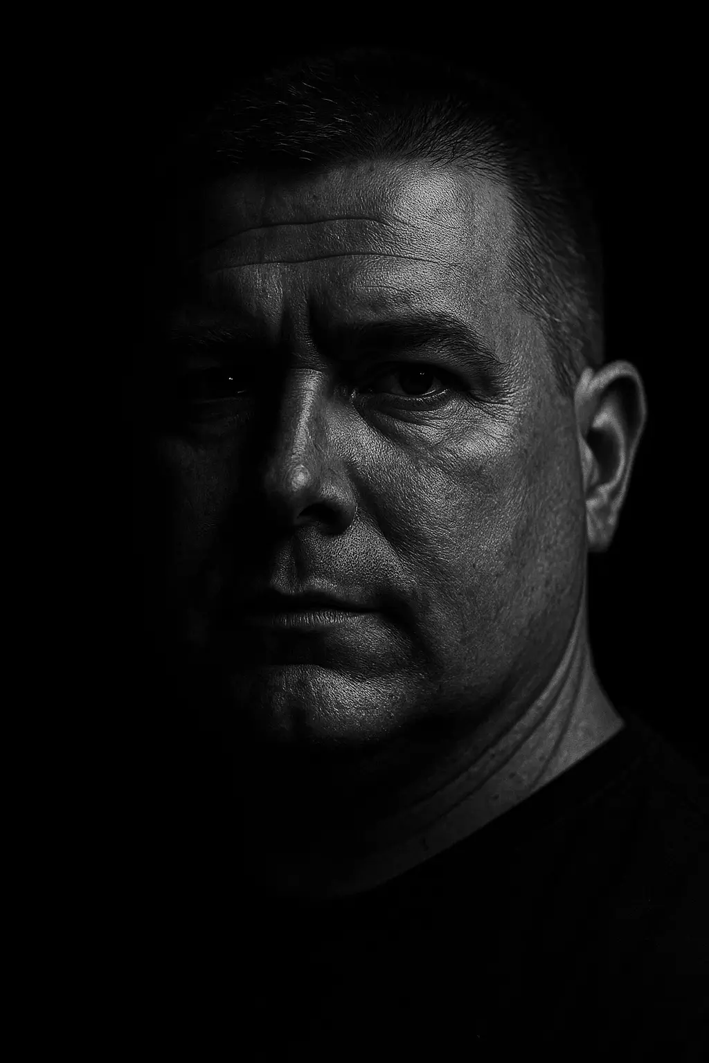 Darko Kovačević, photographed in low-key black and white, looking directly at the camera.
